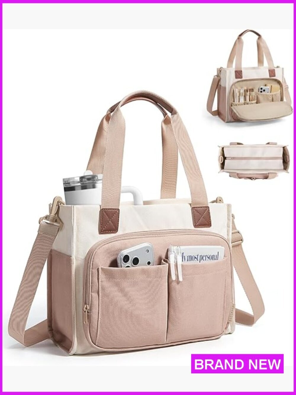 Canvas Work Tote Bag with Laptop Compartment Crossbody Travel Bag Zipper Closure